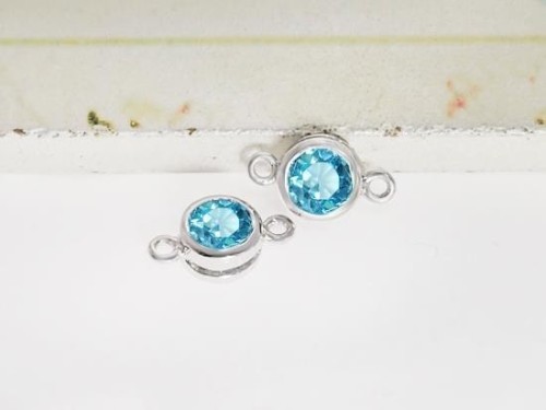 2 of Natural Round Swiss Blue Topaz & Sterling Silver Bezeled Connectors, Links 6 mm.