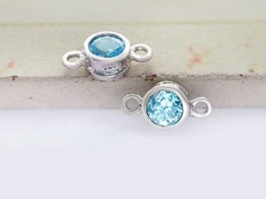 Natural Round Swiss Blue Topaz & Sterling Silver Bezeled Connectors, Links 5 mm.