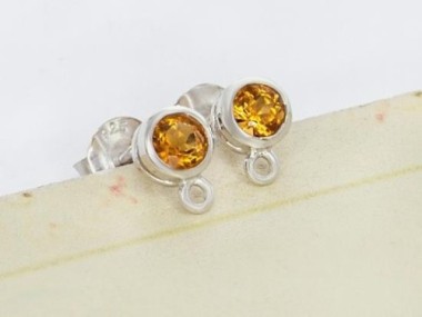 Natural Round Citrine & Sterling Silver Bezeled Stud Earrings Post Findings 6 mm.