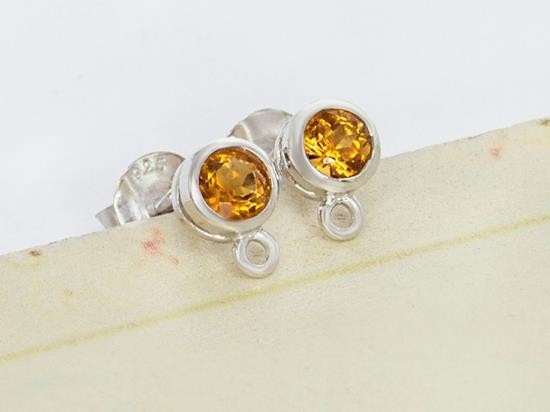 1 Pair of Natural Round Citrine & Sterling Silver Bezeled Stud Earrings Post Findings 6 mm.