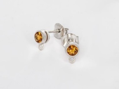 Natural Round Citrine & Sterling Silver Bezeled Stud Earrings Post Findings 6 mm.