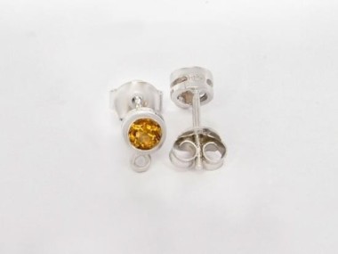 Natural Round Citrine & Sterling Silver Bezeled Stud Earrings Post Findings 6 mm.