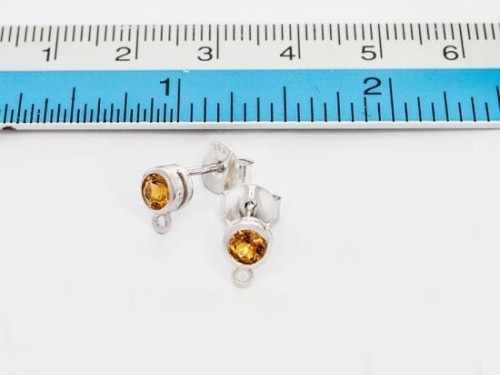 1 Pair of Natural Round Citrine & Sterling Silver Bezeled Stud Earrings Post Findings 6 mm.