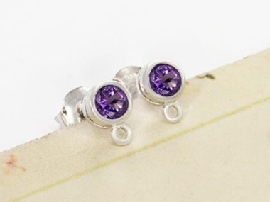 Natural Round Amethyst & Sterling Silver Bezeled Stud Earrings Post Findings 5 mm.