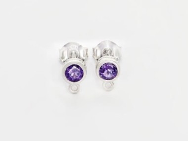 Natural Round Amethyst & Sterling Silver Bezeled Stud Earrings Post Findings 5 mm.