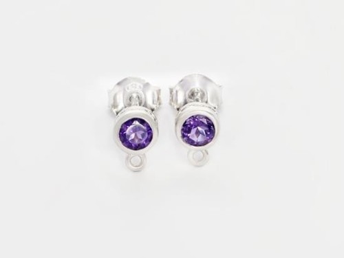 1 Pair of Natural Round Amethyst & Sterling Silver Bezeled Stud Earrings Post Findings 5 mm.