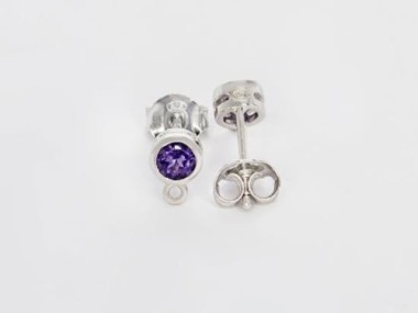 Natural Round Amethyst & Sterling Silver Bezeled Stud Earrings Post Findings 5 mm.