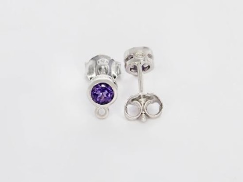 1 Pair of Natural Round Amethyst & Sterling Silver Bezeled Stud Earrings Post Findings 5 mm.