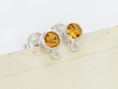 Natural Round Citrine & Sterling Silver Bezeled Stud Earrings Post Findings 5 mm.