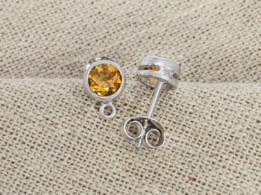 Natural Round Citrine & Sterling Silver Bezeled Stud Earrings Post Findings 5 mm.