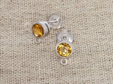 Natural Round Citrine & Sterling Silver Bezeled Stud Earrings Post Findings 5 mm.