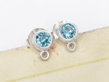 Natural Round Swiss Blue Topaz & Sterling Silver Bezeled Stud Earrings Post Findings 5 mm.