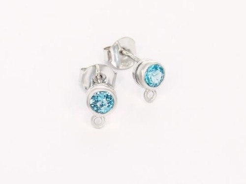 1 Pair of Natural Round Swiss Blue Topaz & Sterling Silver Bezeled Stud Earrings Post Findings 5 mm.