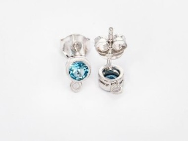 Natural Round Swiss Blue Topaz & Sterling Silver Bezeled Stud Earrings Post Findings 5 mm.