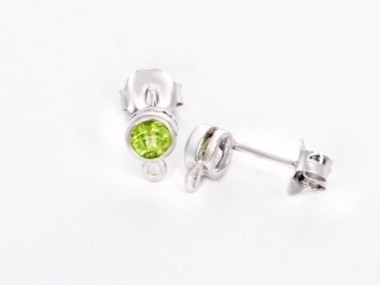 Natural Round Peridot & Sterling Silver Bezeled Stud Earrings Post Findings 5 mm.