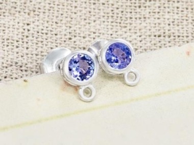 Natural Round Tanzanite& Sterling Silver Bezeled Stud Earrings Post Findings 5 mm.