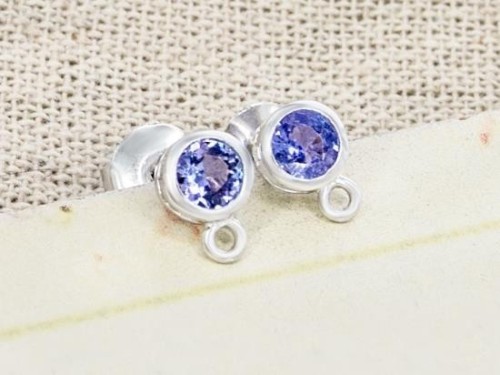 1 Pair of Natural Round Tanzanite& Sterling Silver Bezeled Stud Earrings Post Findings 5 mm.