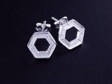 925 Sterling Silver Textured Hexagon Stud Earrings 10mm.