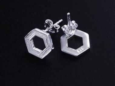 925 Sterling Silver Textured Hexagon Stud Earrings 10mm.