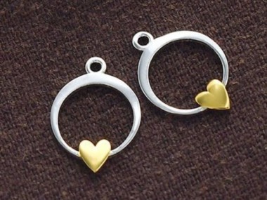 2 of 925 Sterling Silver Circle Charms With Gold Plated Heart 12 mm.