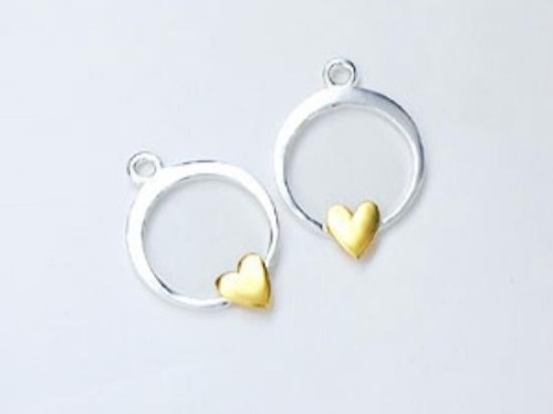 2 of 925 Sterling Silver Circle Charms With Gold Plated Heart 12 mm.