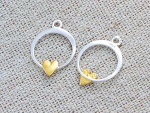 2 of 925 Sterling Silver Circle Charms With Gold Plated Heart 12 mm.