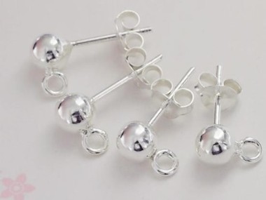 925 Sterling Silver Post Stud Earrings Findings, 5mm Ball with Closed Loop.