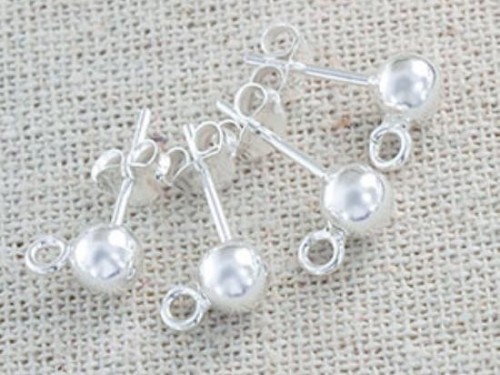 2 pairs of 925 Sterling Silver Post Stud Earrings Findings, 5mm Ball with Closed Loop.