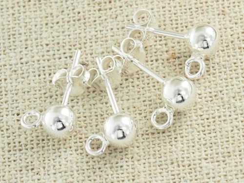 4 pairs of 925 Sterling Silver Post Stud Earrings Findings, 4mm Ball with Opened Loop.