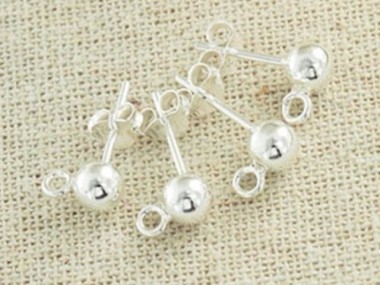 925 Sterling Silver Post Stud Earrings Findings, 4mm Ball with Opened Loop.