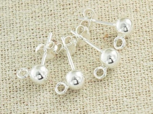 4 pairs of 925 Sterling Silver Post Stud Earrings Findings, 4mm Ball with Opened Loop.