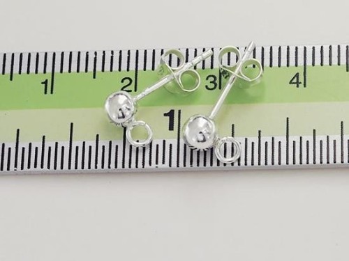 4 pairs of 925 Sterling Silver Post Stud Earrings Findings, 4mm Ball with Opened Loop.