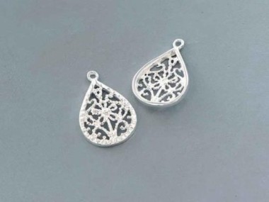 925 Sterling Silver filigree Flower Teardrop Pendants 11x16 mm.