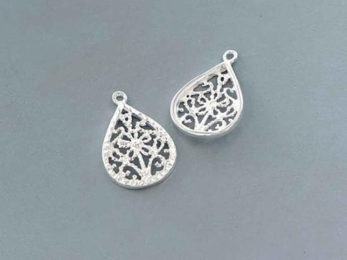 2 of 925 Sterling Silver filigree Flower Teardrop Pendants 11x16 mm.