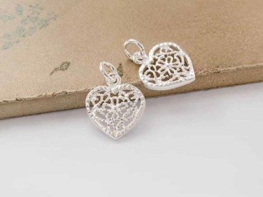 925 Sterling Silver filigree Heart Pendants 12.5x11mm.