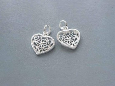 925 Sterling Silver filigree Heart Pendants 12.5x11mm.