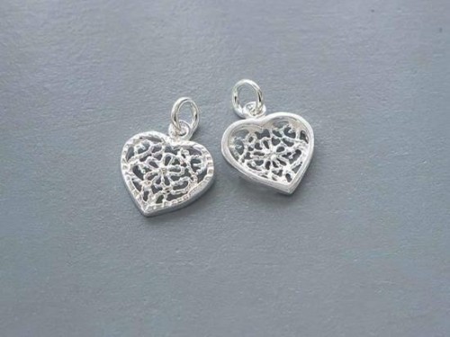 2 of 925 Sterling Silver filigree Heart Pendants 12.5x11mm.