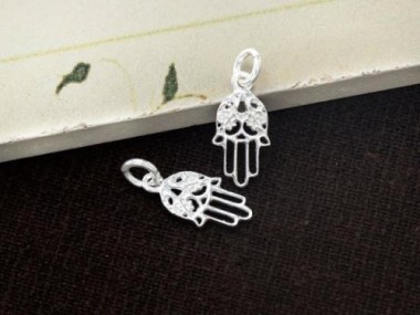 925 Sterling Silver Little Hamsa , Hand Of Fatima Charms 7x12.5 mm.