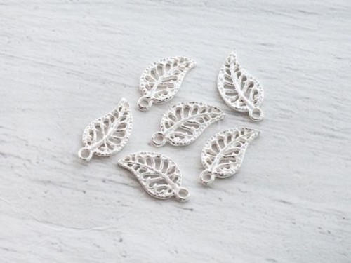 6 of 925 Sterling Silver Cutwork Leaf Charms 6x10 mm.