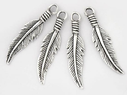 4 of 925 Sterling Silver Oxidized Feather Charms 5x23.5 mm.