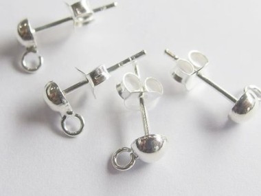 925 Sterling Silver Post Stud Earrings Findings, 4mm Half Ball with Opened Loop