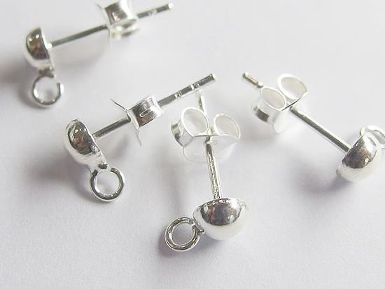 4 pairs of 925 Sterling Silver Post Stud Earrings Findings, 4mm Half Ball with Opened Loop