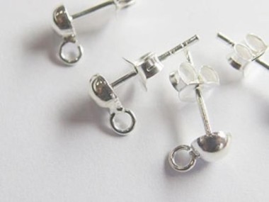 925 Sterling Silver Post Stud Earrings Findings, 4mm Half Ball with Opened Loop