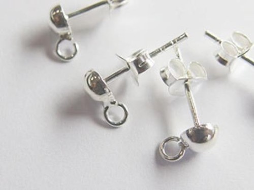 4 pairs of 925 Sterling Silver Post Stud Earrings Findings, 4mm Half Ball with Opened Loop