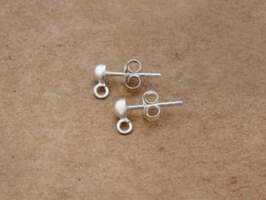 925 Sterling Silver Post Stud Earrings Findings, 4mm Half Ball with Opened Loop