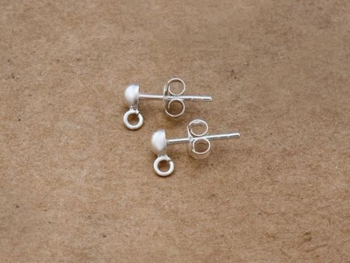 4 pairs of 925 Sterling Silver Post Stud Earrings Findings, 4mm Half Ball with Opened Loop