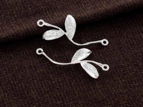 2 of 925 Sterling Silver Leaf Branch Links, Connectors 15x32mm. Matte Finish.