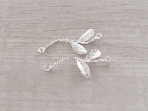 2 of 925 Sterling Silver Leaf Branch Links, Connectors 15x32mm. Matte Finish.