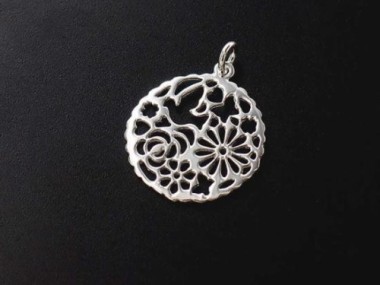 925 Sterling Silver Cutout Bird and Cherry Blossoms Pendant 20mm.,