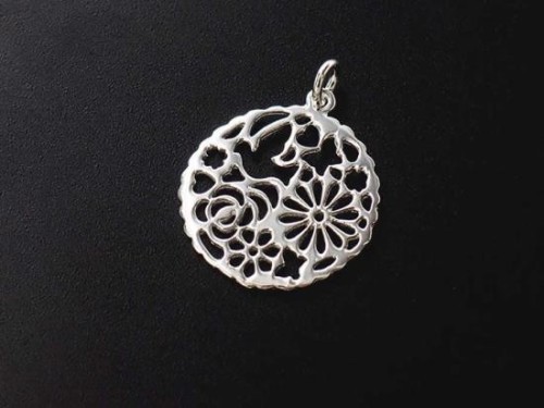 1 of 925 Sterling Silver Cutout Bird and Cherry Blossoms Pendant 20mm., Polish Finished